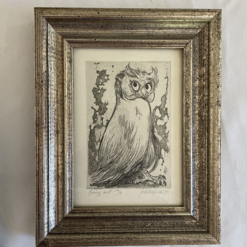1970 William Kolliker "Going Out"‎ Limited Ed Matted Framed Etching Owls 100/6 - Picture 4 of 5